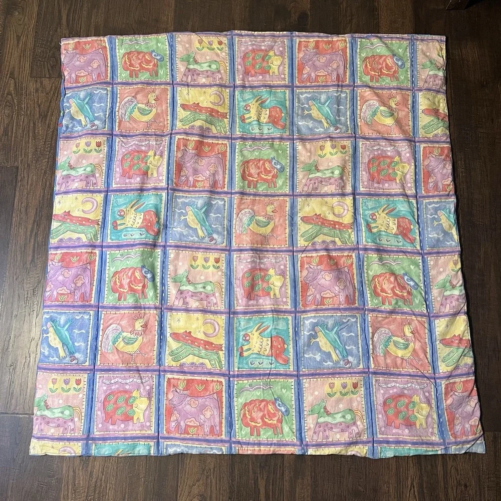 Vtg Concord Fabric Blanket Farm Animal 41x43 Kessler Crib Quilt 90s Y2K Folk Art